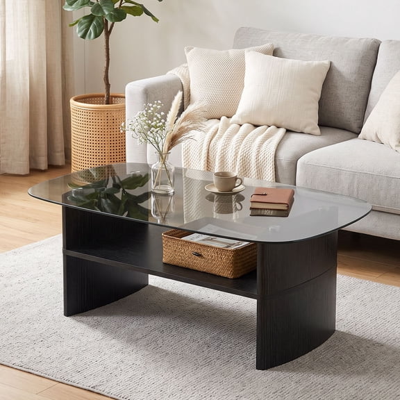 Coffee Table, 2‑Tier Storage Tempered Glass Coffee Table with Engineered Wood Frame, Rectangular Cocktail Table for Living Room, Black