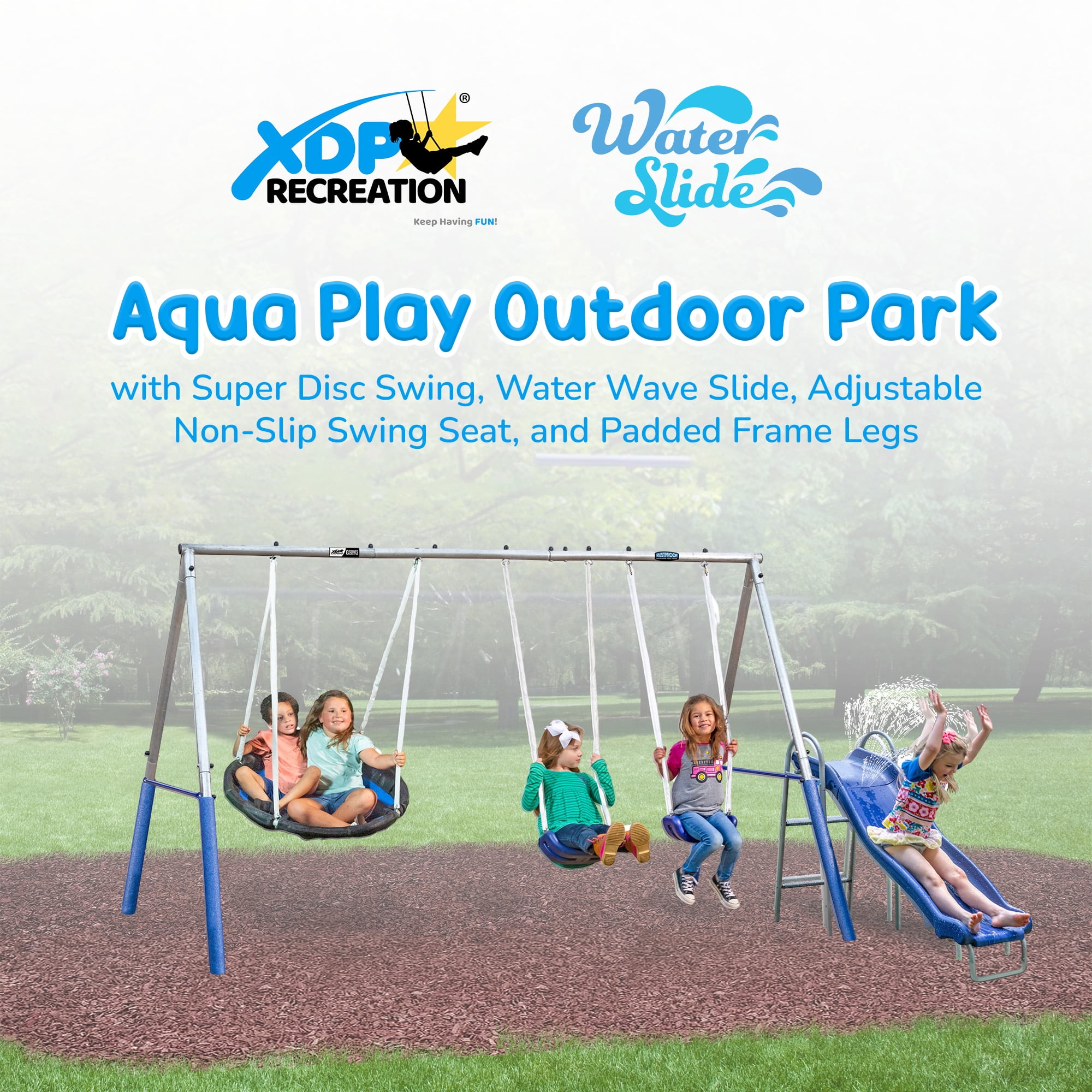 XDP Recreation Aqua Play Park Swing Set and Water Slide with Tarp, 2 Swings, and a Disc Swing