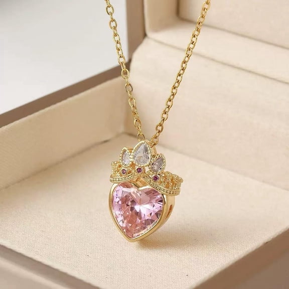 Gold Plated Copper Heart Shaped Pink Crystal Crown Necklace for Women 1.0 Piece