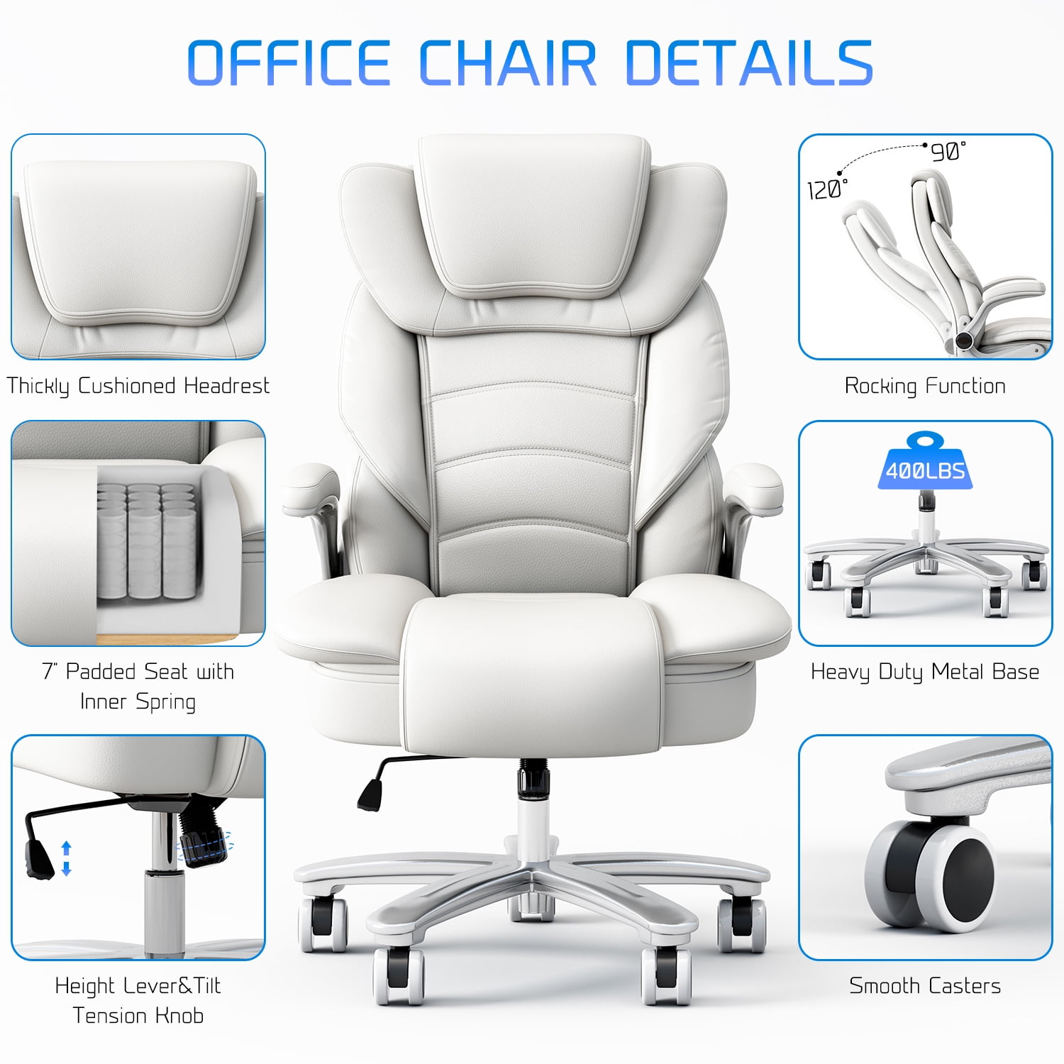 iooHug Big and Tall Office Chair 400lbs, Ergonomic Desk Chair with Lumbar Support, Flip-Up Arms, Faux Leather High Back Computer Chair for Home Office, White