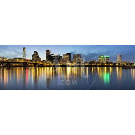 Portland Downtown along Willamette River at Blue Hour Print Wall Art By jpldesigns