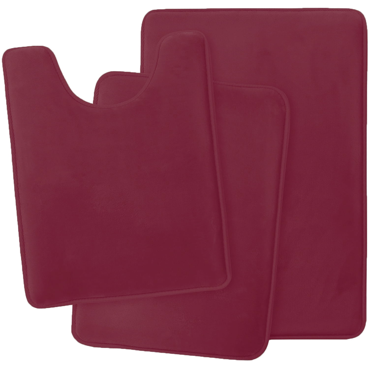 Set of 3 Absorbent Memory Foam Bath Mat Bathroom Rugs, Machine Washable， Large 20"x32", Small 17"x24", Contour 24"x20" Burgundy