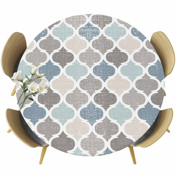Blue Grey Round Fitted Table Cover Morocco Geometric Plaid Waterproof Table Cloth with Elastic Edge Wipeable Tablecloth for Picnic Camping Party Fits 36"-44" Diameter