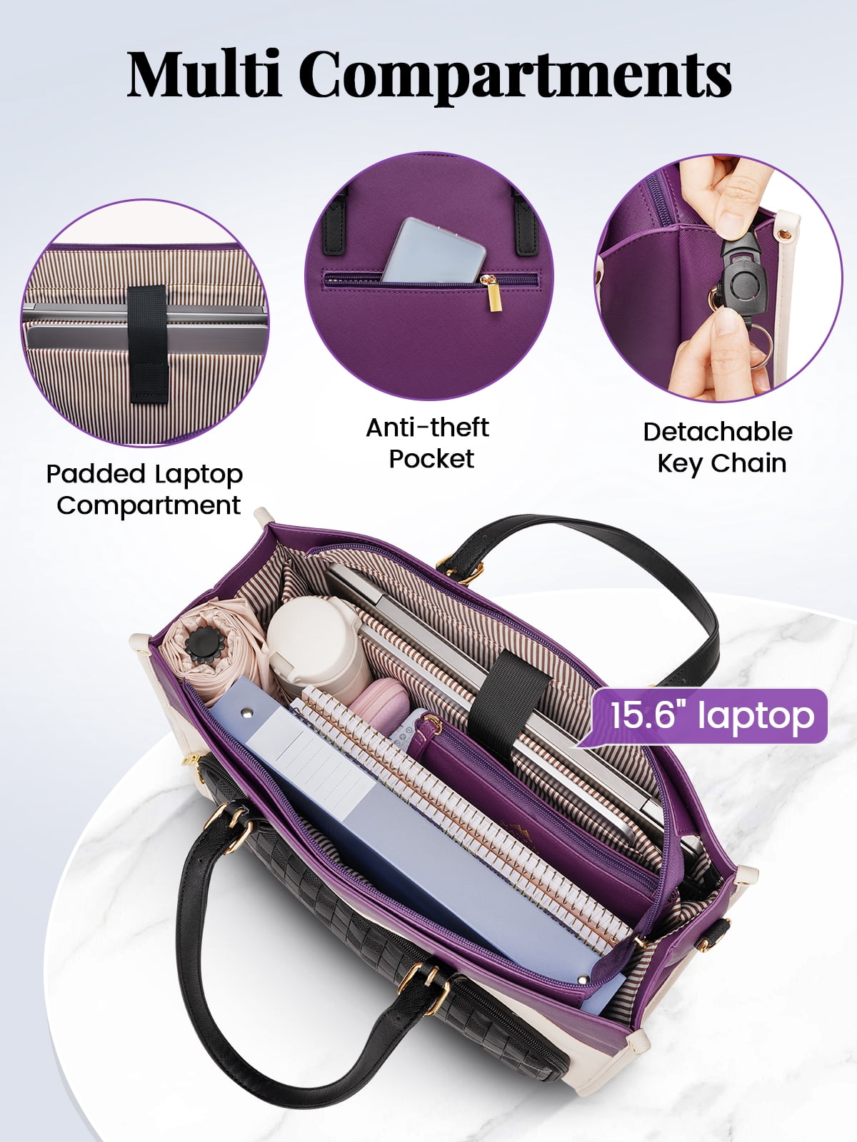 Matein Laptop Tote Bag  for Women, PU Leather Work Bag with Clutch Purse, Insulated Lunch Compartment, Purple