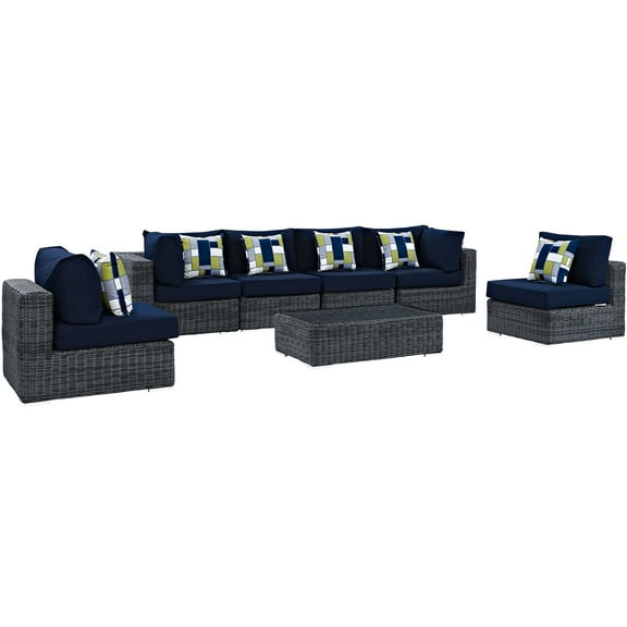 Modern Contemporary Urban Design Outdoor Patio Balcony Seven PCS Sectional Sofa Set, Navy Blue, Rattan