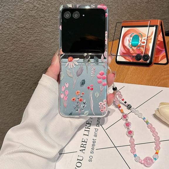 Elehold Cute Clear Case for Motorola Moto Razr Plus 2024 with Bead Chain Strap   Tempered Glass Screen Protector,Pretty Flower Pattern Shockproof Protective Clear Cover for Moto Razr  2024,Flowers