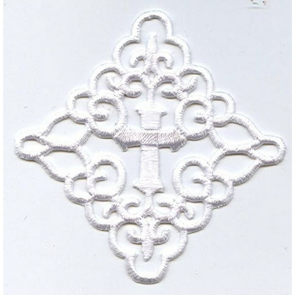 White Cross - Fleur De Lis Square - Iron on Applique/Embroidered Patch