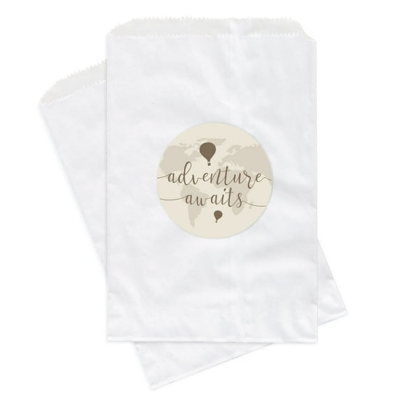 Hot Air Balloon World Map, Vintage Tan Brown, Favor Bag DIY Party Favors Kit, Adventure Awaits!, 24-Pack
