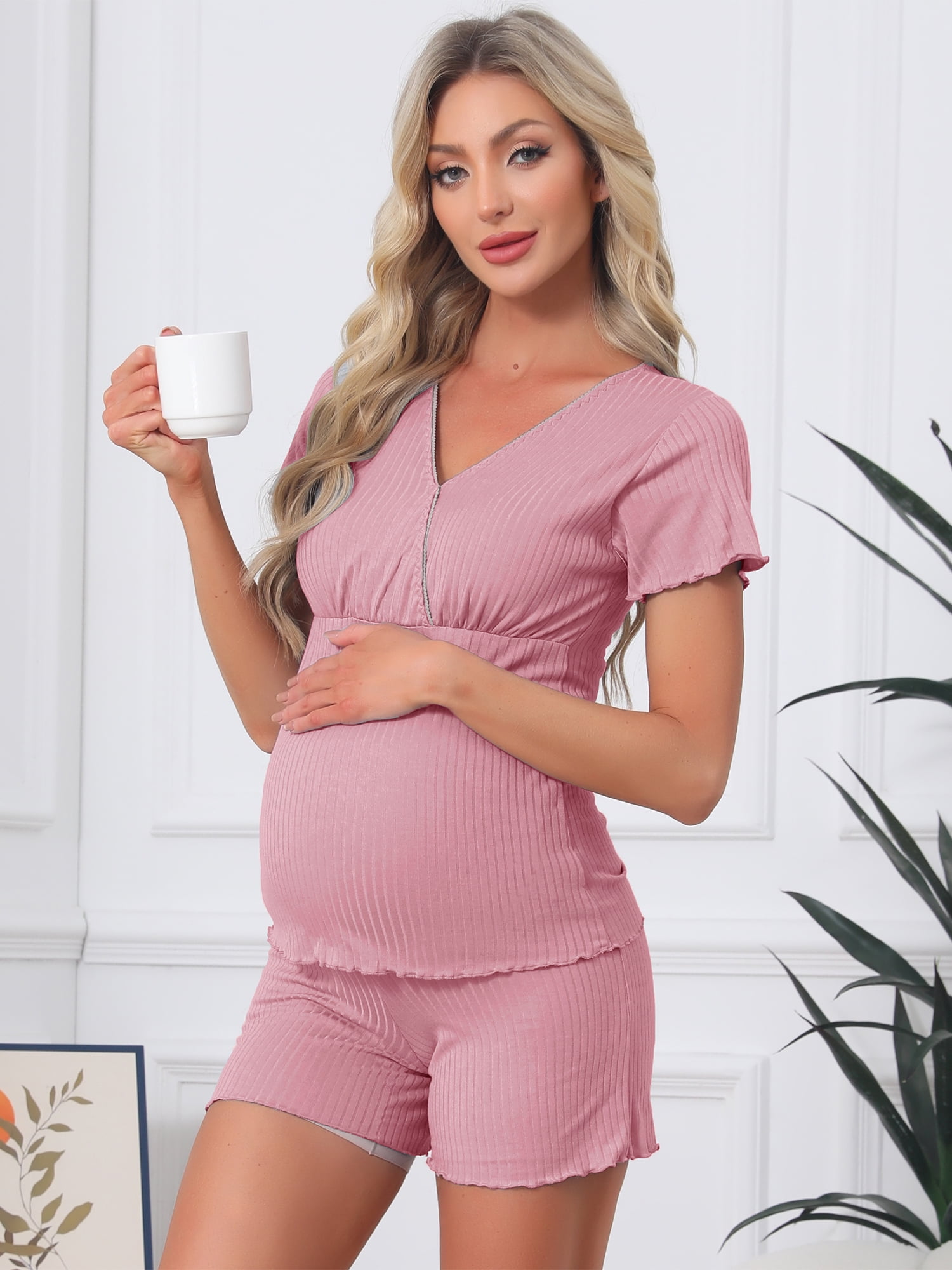 DARING DIVA Women's Nursing Modal Short Sleeves Postpartum Pajama Sets S Pink