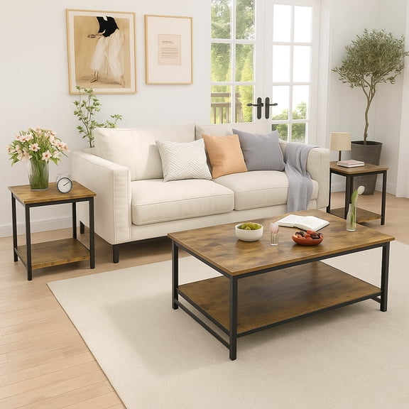 Dowellia 3-Piece Coffee Table Set for Living Room, End Table Set with Storage, Includes 1 Coffee Table and 2 End Tables, Rustic Brown