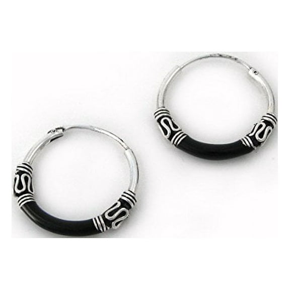 Sterling Silver Bali Design Color Coated 16mm Hoop Earrings, Black