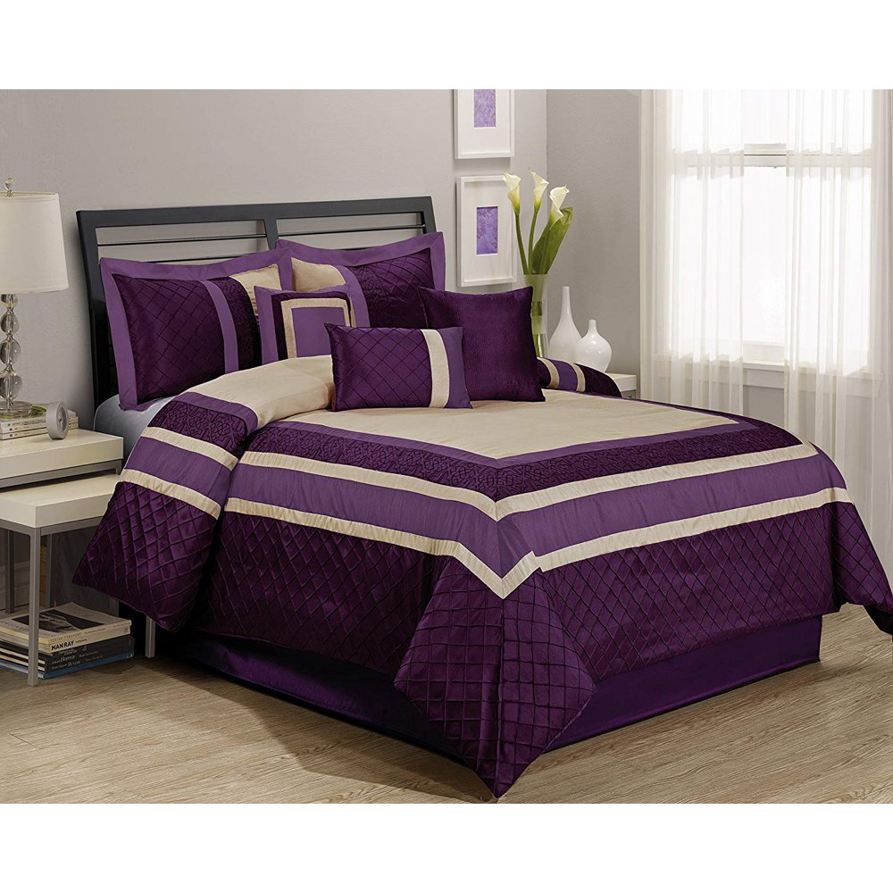 HIG 7 Piece Comforter Set KingPurple Series Patchwork Diamond Pintuck