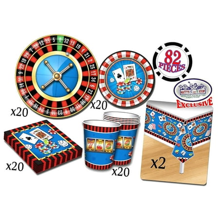 Bestwell Deluxe Casino Night Theme Party Supplies Set for 20 People, Includes 20 Large Plates, 20 Small Plates, 20 Napkins, 20 Cups & 2 Table Covers - Perfect for Casino Night or Birthday (82 Pie