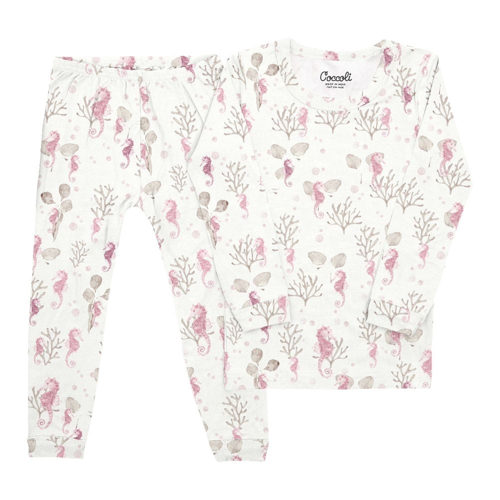 Coccoli Cotton-Modal Long Sleeve Pyjamas - Seahorses on Cream (4 Years, 38-44 lbs)