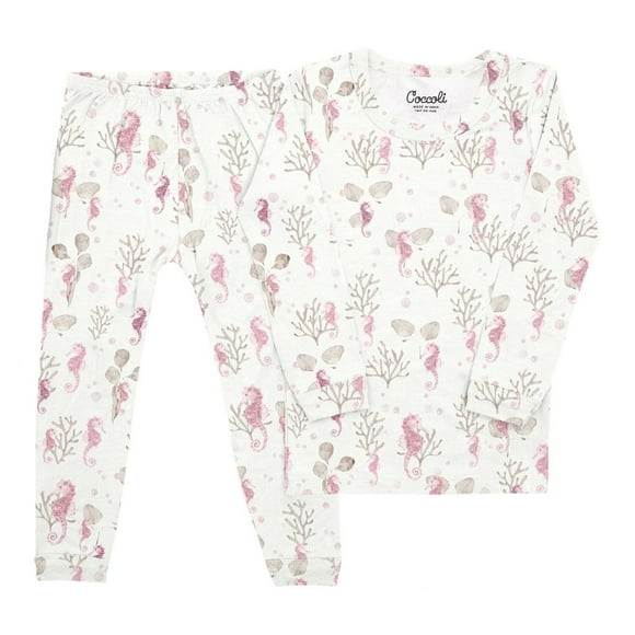 Coccoli Pyjamas à Manches Longues en Coton-Modal - Hippocampes sur Crème (3 Ans, 30-34 lbs)