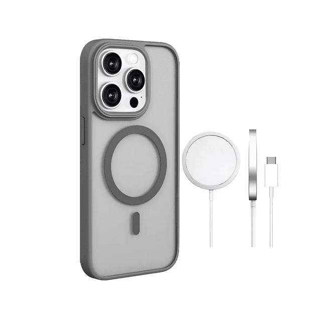 Funda Para iPhone 16 Pro Max + Cargador Inalámbrico 15w + Mica De Vidrio Eo Safe Imports Gris