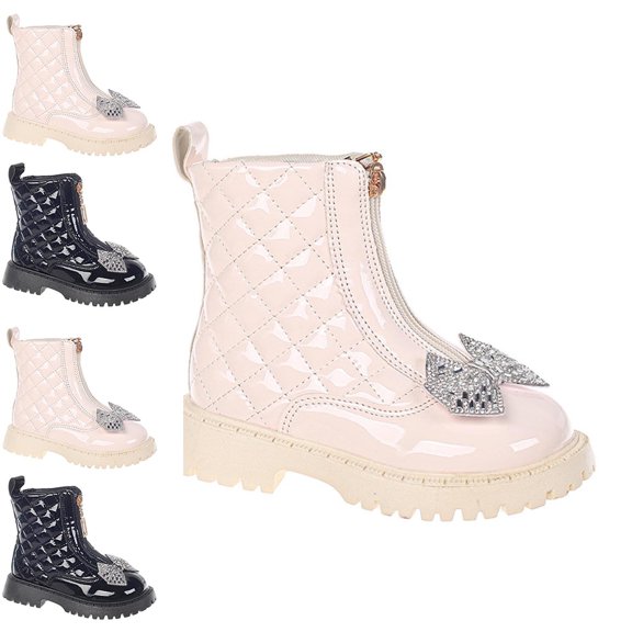 Afuyipoi Girls' Rhinestone Bowknot Tweed Trim Dress Boots Faux Leather Elegant Short Boots Size 8 Toddler - 2 Big Kid Black Size 8 Toddler