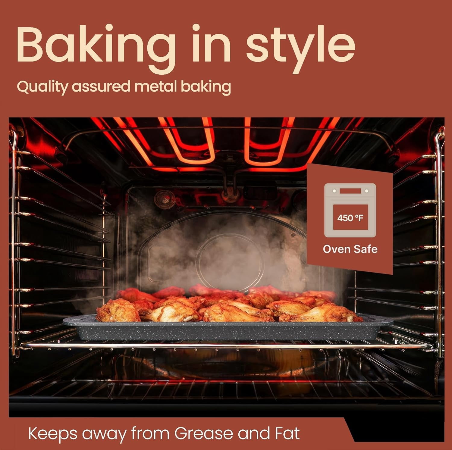 Bakken Cookie Sheet with Wire Rack Set, 2-Piece Nonstick Carbon Steel Pan 17.4" & Cooling Rack 14.7", Stackable Set, Oven Safe 450°F, Gray Marble