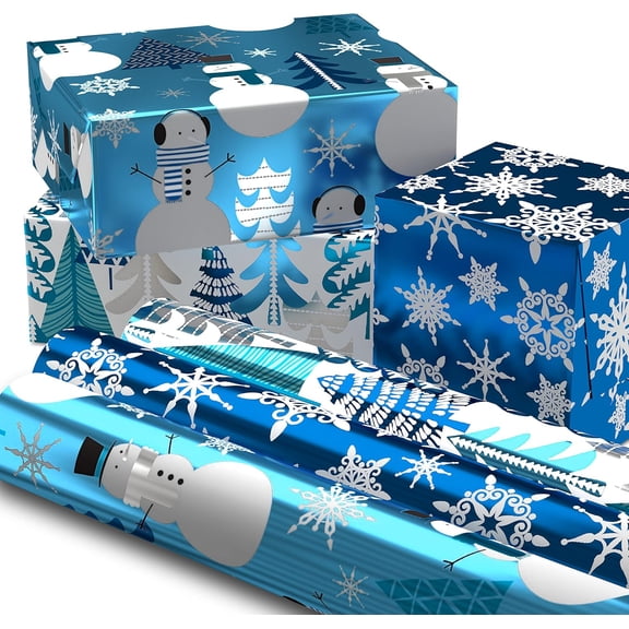Blue Foil Christmas Wrapping Paper with Cut Lines on Reverse (3 Rolls: 60 sq. ft. ttl) Snowmen, Snowflakes, Christmas Trees