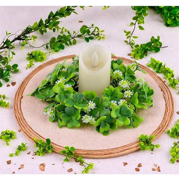 7.48in St. Patrick’s Day Shamrocks Candle Wreath – Mini Festive Tabletop Decoration with Greenery, Clover Accents for Dining Centerpieces, Holiday Atmosphere Decor