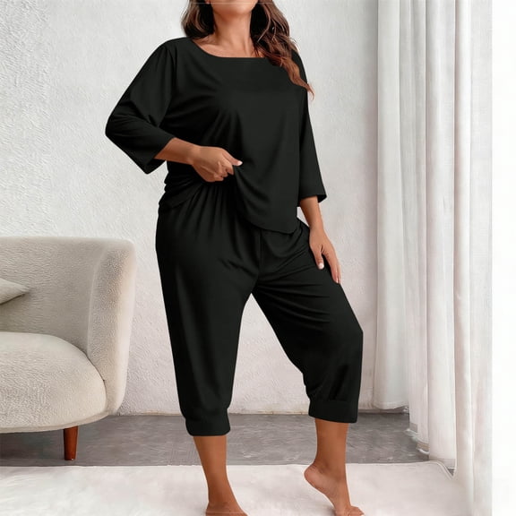 ylioge XL-5X Plus Size Pajama Sets for Women 2 Piece 3/4 Sleeve Tops and Capris Pants Casual Solid Color Comfortable Loungewear Homewear Pajamas