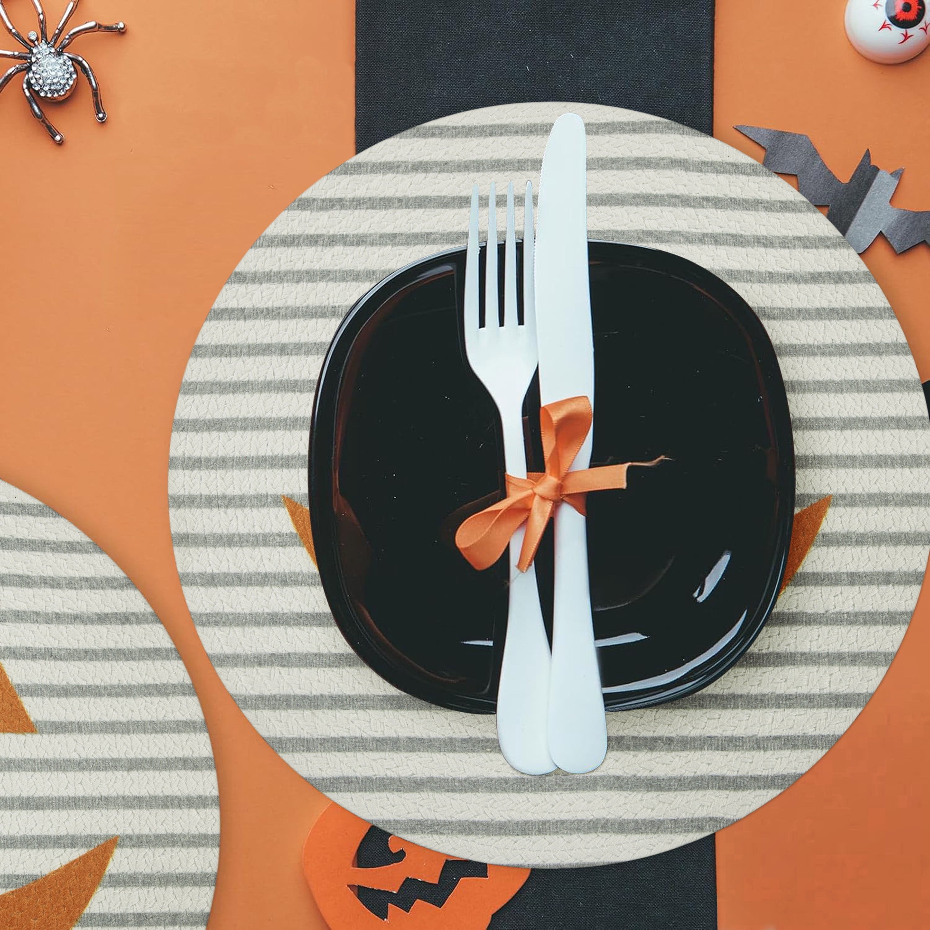 Pumpkin Stripe Round 4 Pack Table Placemat Set - 15" Diameter - 100% Polyester, Multi-color
