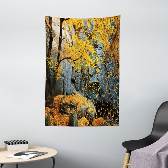 Leaves Tapestry, Canadian Maple Trees Falling Leaves Down Surrounded by Scenic Rocks Stones Foliage, Wall Hanging for Bedroom Living Room Dorm Decor, 40W X 60L Inches, Grey Orange, by Ambesonne