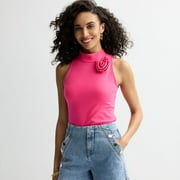 Women's bebe Mock Neck Rosette Tank Top Color: Pink Size: MEDIUM