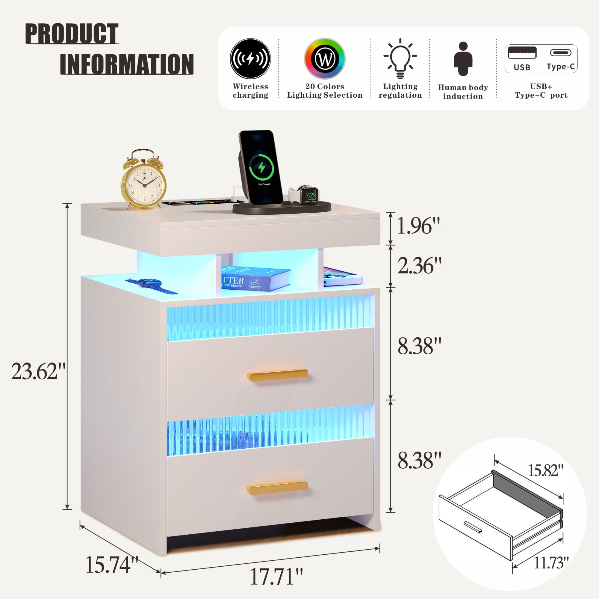 VKCC RGB LED Nightstand with 2 Drawers & Charging Station, Modern Bedside Table for Bedroom Living Room, White