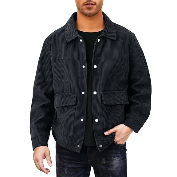 CharmCyan Men's Corduroy Jacket Casual Button Down Collared Outerwear Long Sleeve Relaxed Fit Utility Pockets Classic Design Black 3XL