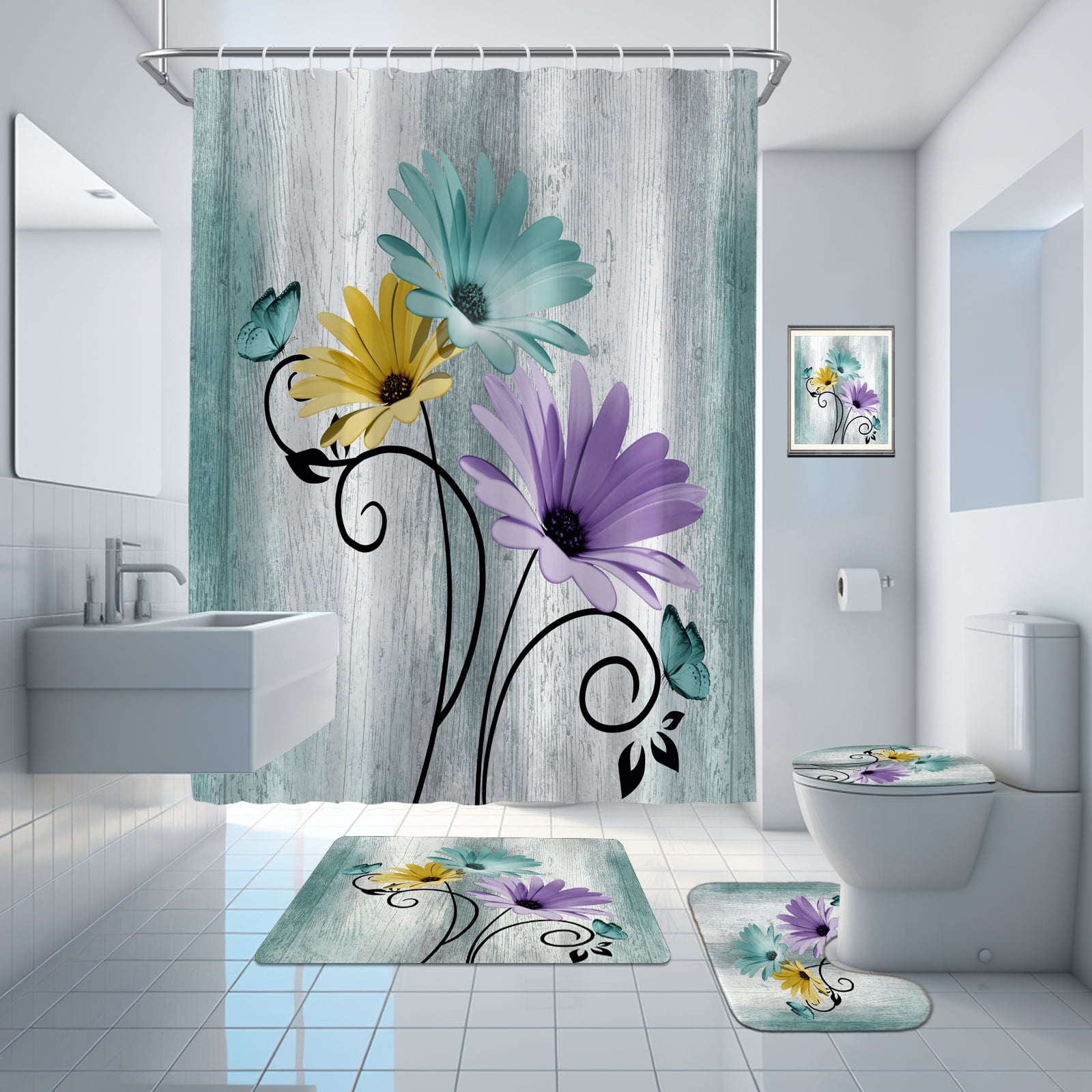 Hadint 4Pcs Blue Green Daisy Floral and Butterfly Shower Curtain Set, Bathroom Shower Curtain and Rug Set, 12 Pcs Hooks, 71inx71in