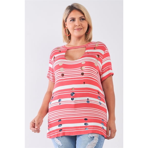 Plus Striped And Distressed Cut-out Top 1XL