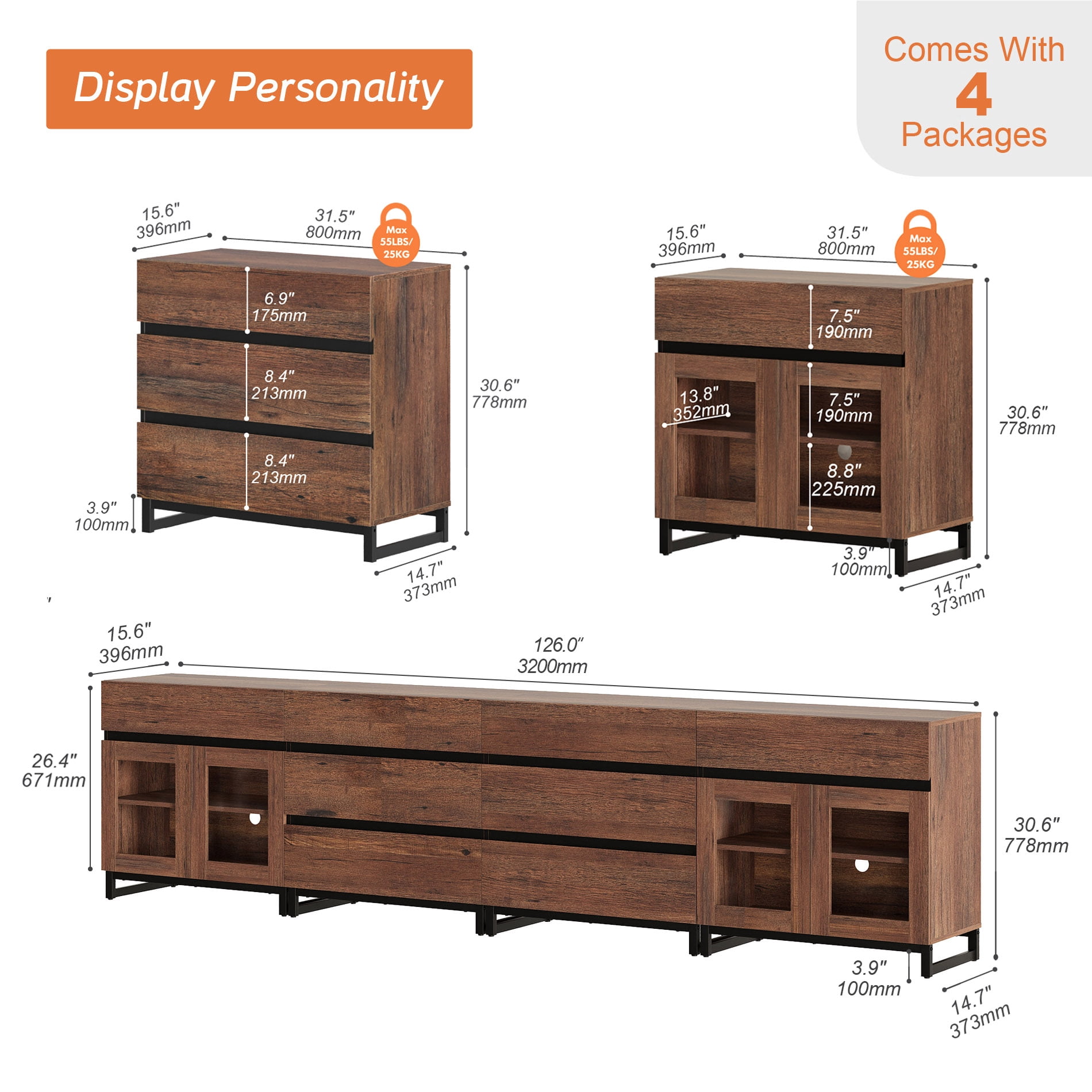 4 In 1 Multifunctional Chest of Drawers, Glass Door Dresser with 8 Drawers and Adjustable Shelves, Home Storage Cabinet Organizer for Bedroom,Brown