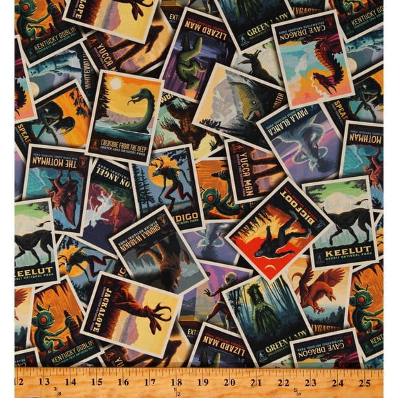 Cotton Legends of the National Parks Cards Creatures Mythical Animals Monsters Multicolor Cotton Fabric Print by the Yard (CD13280-MULTI)