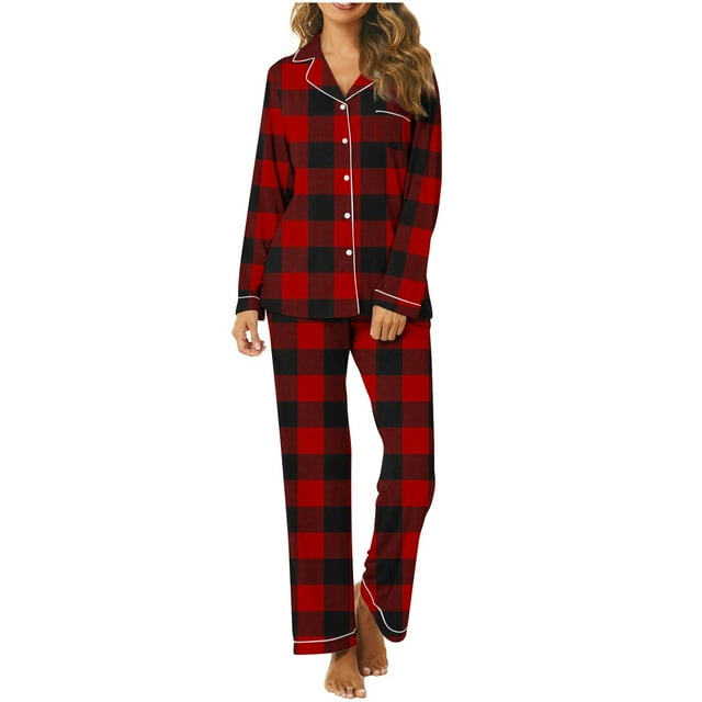 Besolor Womens Plaid Pajamas 2 Piece Outfits Casual Long Sleeve Button down Shirts and Pants Sets Sleepwear Pjs