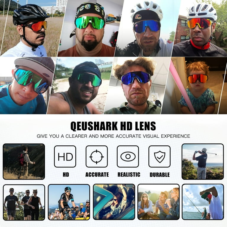 Queshark Cycling Glasses TR90 Frame Polarized Sports Sunglasses Bike Glasses for Men Women with 3 Interchangeable Lens Anti-UV400 for Driving Fishing