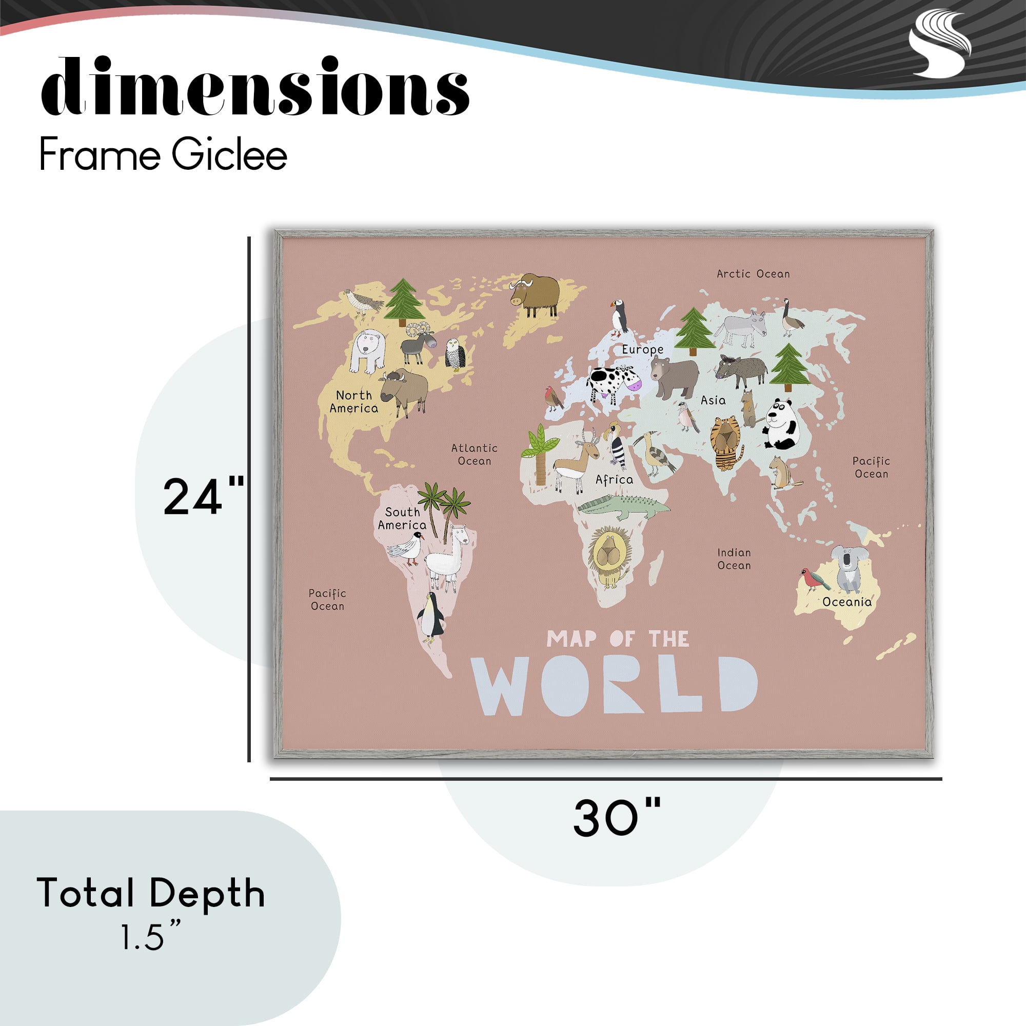 Kid's Map Of World Pink Gray Framed Giclee Art, design by Carla Daly