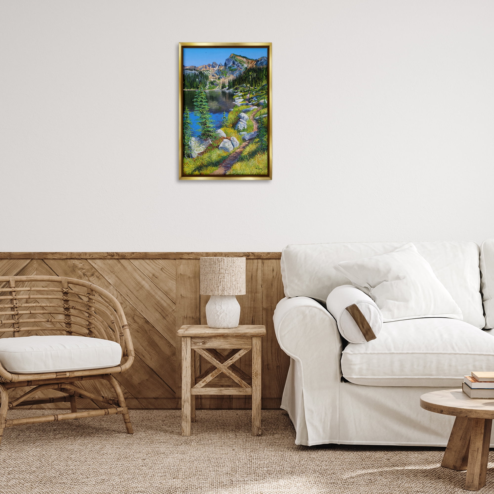 Stupell Industries Alpine Lake Landscape Landscape & Nature Painting Gold Floater Framed Canvas Art Print Wall Art, 17 x 25
