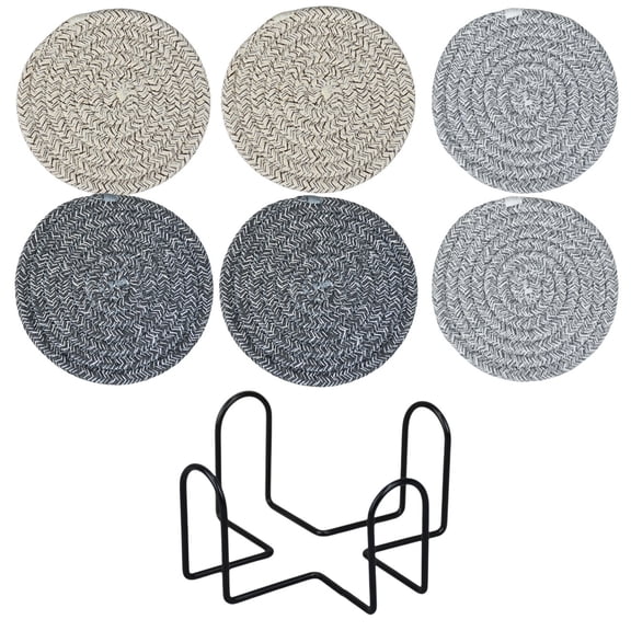 Woven Placemats Set of 6, Heat Resistant Table Mats, Non Slip Cotton Kitchen Placemats, Washable Round Braided Placemats for Dining Table with Storage Rack