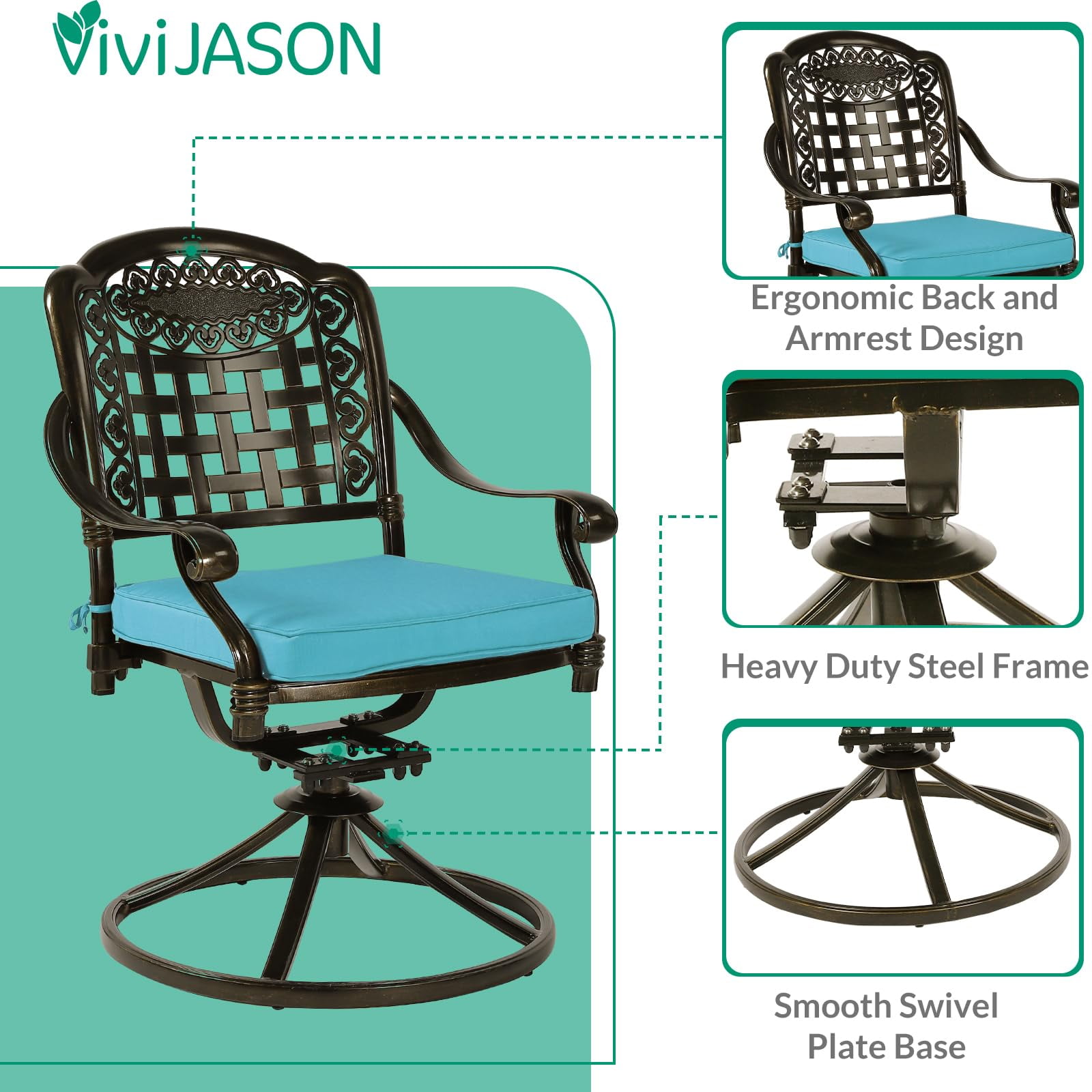 VIVIJASON 9-Piece Outdoor Patio Furniture Dining Set, All-Weather Cast Aluminum Conversation Set, Include 8 Swivel Dining Chairs and an Oval Table with Umbrella Hole, Ocean Blue Cushion