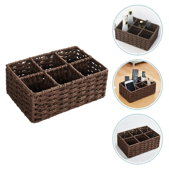 STOBOK Coffee Rectangular Woven Basket for Toiletries and Cosmetics Organizer with Compartments
