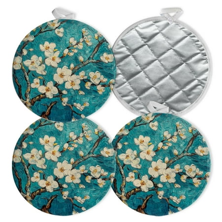 

4 PCS Pot Holders for Kitchen Potholders Sets with Hook for Oven Cooking Baking Textured Oil Painting Of Blossoming Almond Tree
