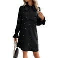 thumbnail image 2 of Women'S Pearl Beaded Tie Neck Long Sleeve Casual Work Short Dress Black L, 2 of 9