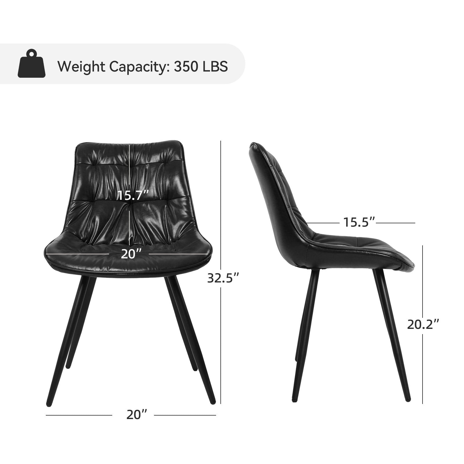 Set of 2 Black Faux Leather Dining Chairs, Ergonomic Backrest with Thick Foam Cushion, Sturdy Metal Legs & FSC Frame, Waterproof Easy-Clean PU Leather, 300 lbs Capacity
