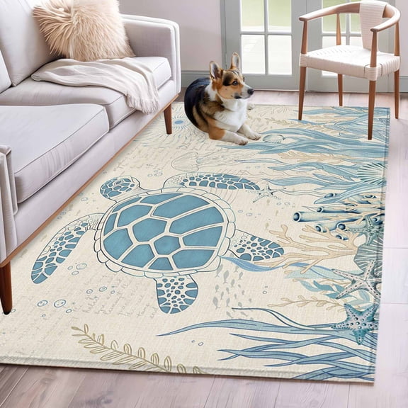 4'x6' Area Rugs, Blue Turtle Coastal Indoor Outdoor Area Rug for Living Room Bedroom, Coral Summer Beach Nautical Ocean Beige Washable Bathroom Rugs Kitchen Floor Carpet Mats Home Decor Aesthetic