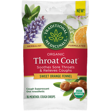 (Pack of 12), Traditional Medicinals Throat Coat® Sweet Orange Fennel Lozenges, 16 pcs