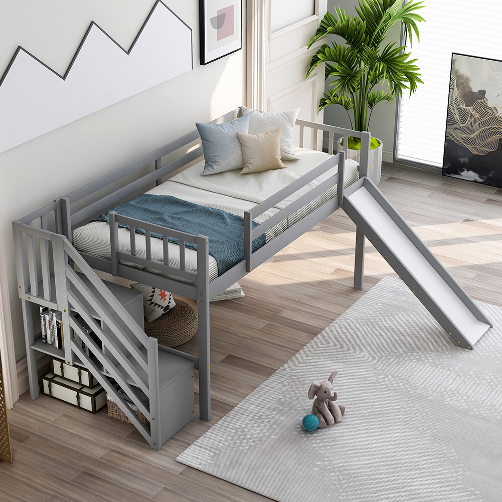 Kadyn Twin Mood Loft Bed with Adjustable Slide, Multifunctional Design, Gray