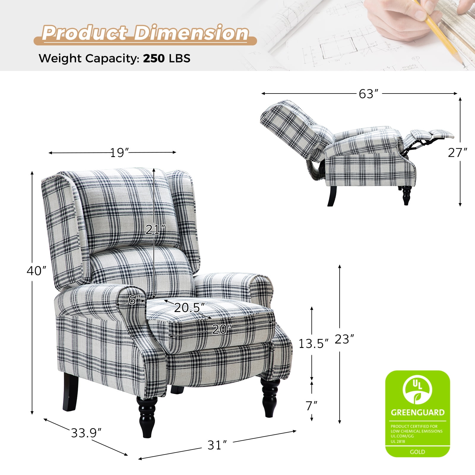 Tina's Home GREENGUARD Certified VintagePlaid Black Wingback Manual Push Back Recliner Chair Set of 2 for Living Room