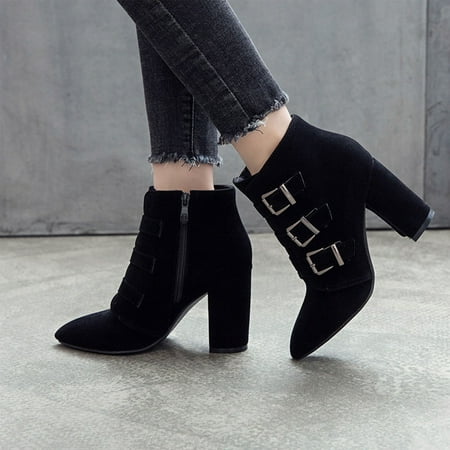 

Women Boots High Heel Shoes Winter Warm Zip Pointed Toe Casual Solid Color Belt Buckle Ankle Boots