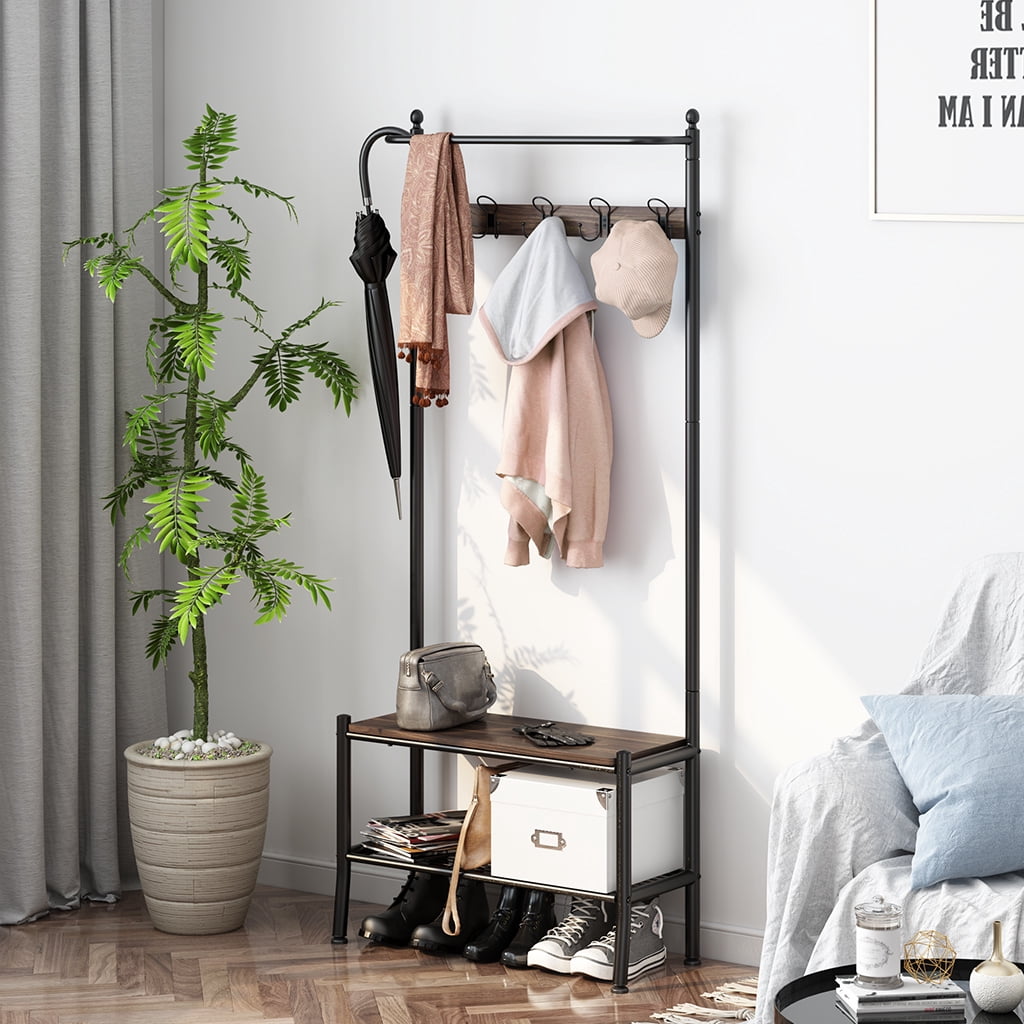 LANGRIA Entryway Metal Storage Shoe Bench with Coat Rack, 3 Tiers and 5 Free Hooks Black Finish